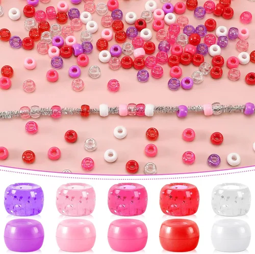 Miniatura 2 de UPINS Cuentas de pony para el día de San Valentín, 1200 piezas de cuentas de plástico redondas de colores rosa, rojo, púrpura y brillantes
