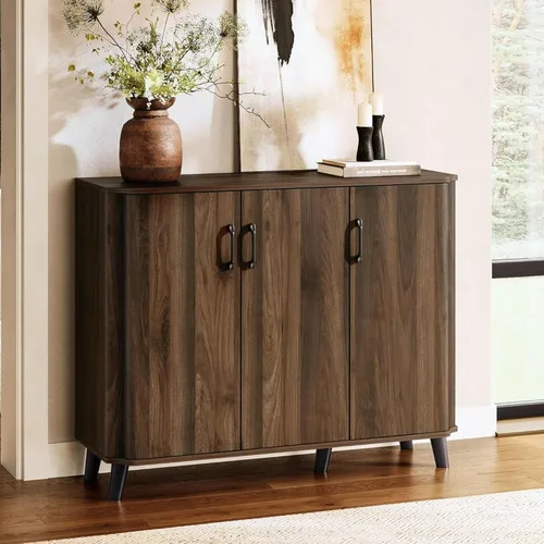 Miniatura 10 de LuxenHome - Armario buffet con almacenamiento, gabinete moderno de mediados de siglo con borde curvo, gabinete de café de nogal, pequeño armario