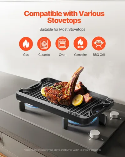 Miniatura 3 de VEVOR Parrilla/plancha reversible, plancha de hierro fundido pre-sazonada de 14 x 8.5 pulgadas, sartén rectangular portátil con asa, utensilios