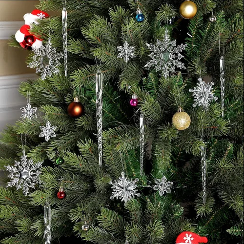 Miniatura 6 de Chuangdi 72 adornos de carámbano de copo de nieve para árbol de Navidad, carámbanos con purpurina retorcida, decoración de gota de acrílico