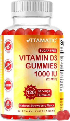 Vitamatic Gomitas de Vitamina D3 sin Azúcar - 120 Gomitas a Base de Pectina - Gran Sabor - Huesos Saludables, Estado de Ánimo y Función del Sistema