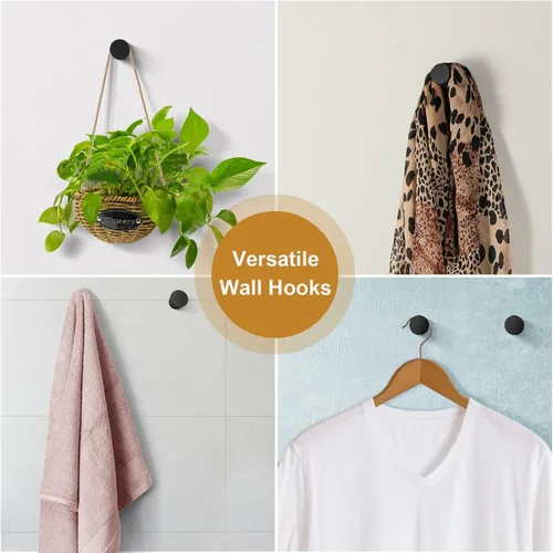 Miniatura 5 de BSDONTE Ganchos de pared de madera (paquete de 6), ganchos decorativos negros – resistentes, colgadores de pared para abrigos, mochilas, toallas