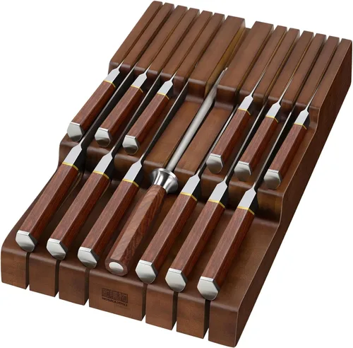 HOSHANHO Bloque de cuchillos en el cajón, organizador grande de cajones de cuchillos de bambú para 12 cuchillos, soporte para cuchillos de cocina