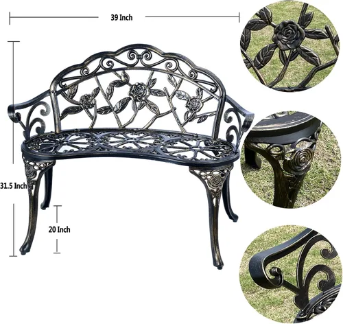 Miniatura 2 de Mandolin Silla de jardín para exteriores, todas las sillas de aluminio fundido antioxidante, banco de patio de patio de color rosa tallada para Cobre