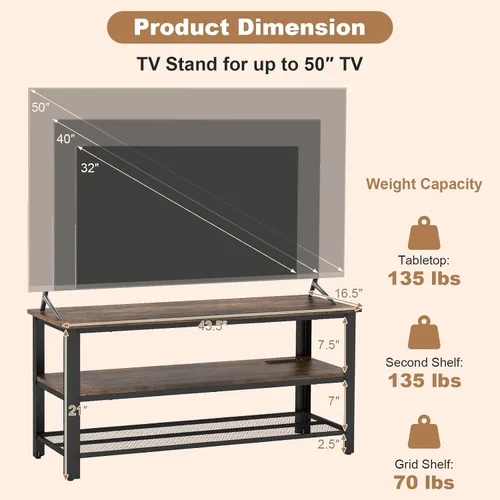 Miniatura 5 de Tangkula Soporte de TV pequeño para televisores de hasta 50 pulgadas, mesa consola de TV de 3 niveles con tomas de corriente, puertos USB, estantes