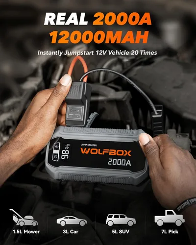 Miniatura 2 de WOLFBOX Arrancador de batería de 2000 A, batería de 44.4 Wh portátil con pantalla LED, paquete de arranque de batería de automóvil de 12 V