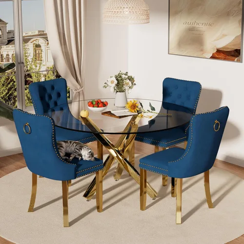 Miniatura 9 de Juego de mesa de comedor redonda de cristal moderno de mediados de siglo para 4, juego de vajilla circular de lujo plateado de 5 piezas, juego