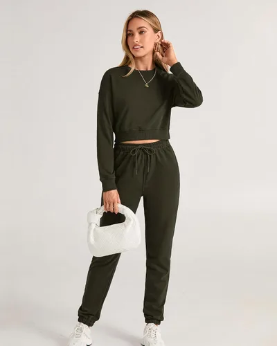 Miniatura 41 de BTFBM Conjunto deportivo de 2 piezas para mujer, camiseta corta de manga larga, sin botones, pantalón con cordón ajustable, pantalones deportivos