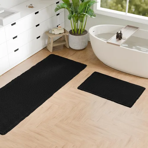 Miniatura 29 de Hiasan Tapete de baño de punto gofre, súper absorbente, antideslizante, con borlas, lavable a máquina, tapete con parte trasera de goma ultra suave