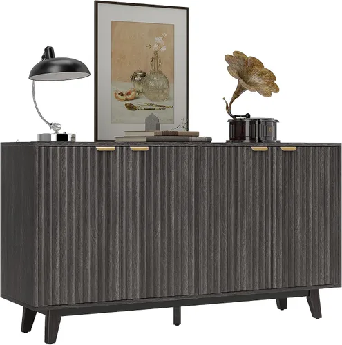 HOMCOM Aparador de buffet con almacenamiento, mesa de buffet moderna acanalada de 55 pulgadas, gabinete de consola de barra de café con 2 estantes