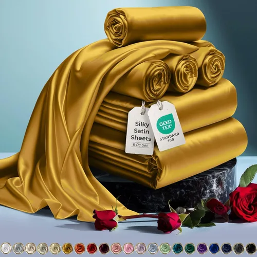 Miniatura 13 de DECOLURE Sábanas de satén para cama - Juego de 6 piezas de ropa de cama de lujo sedosa tamaño King - Más suave que la seda, sin arrugas con sábana