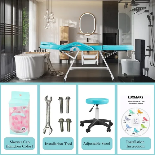 Miniatura 5 de Silla facial, silla de tatuaje de 73 pulgadas para cliente, mesa de masaje ajustable de 3 secciones con taburete, camas de belleza multiusos