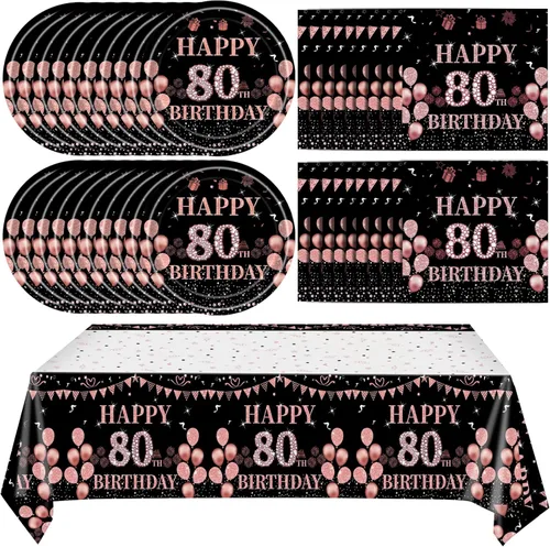 Miniatura 22 de Ryzovo - Decoraciones de cumpleaños 50 para mujer, platos de papel desechables negro y oro rosa, suministros de fiesta para 20 invitados, 41 piezas