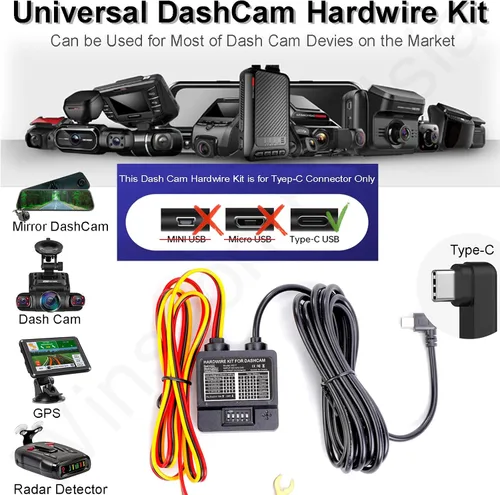 Miniatura 2 de Kit de cable duro para cámara de salpicadero, USB C de 3 cables, cargador de cámara de salpicadero modo de estacionamiento 24h Type C,11.5ft Power