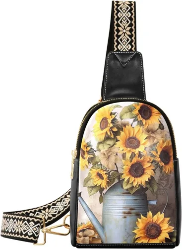 Sling Backpack Sunflower Vintage Sling Bag for Women Crossbody Shoulder Bag Leather Fanny Pack Chest Bag for Travel Hiking 202A1226