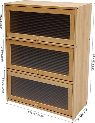 Miniatura 2 de Armario de almacenamiento de bambú de 3 niveles, aparador de encimera de despensa de cocina con estante organizador de puerta abatible