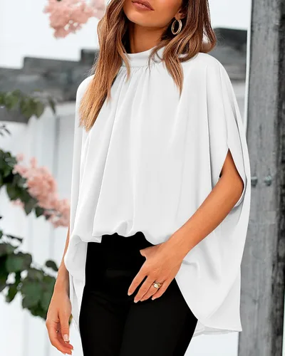 Miniatura 159 de BTFBM Blusas de verano para mujer, cuello alto falso, manga murciélago, holgadas, dobladillo alto y bajo, blusas informales de gran