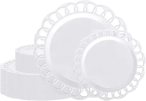 Miniatura 11 de COLOSUS Juego de 60 platos de plástico negro, platos barrocos elegantes, elegantes platos desechables con borde de encaje, platos de plástico