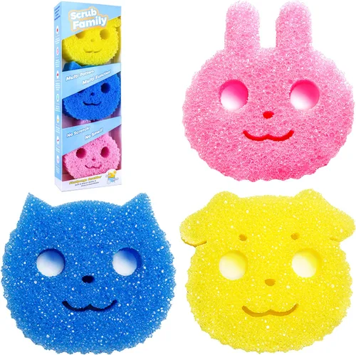 Miniatura 7 de Juego de esponja y estropajo funcional. Daddy Mommy Daily Scrub Sponge, cara sonriente feliz, firme en frío y suave en caliente, sin arañazos, sin