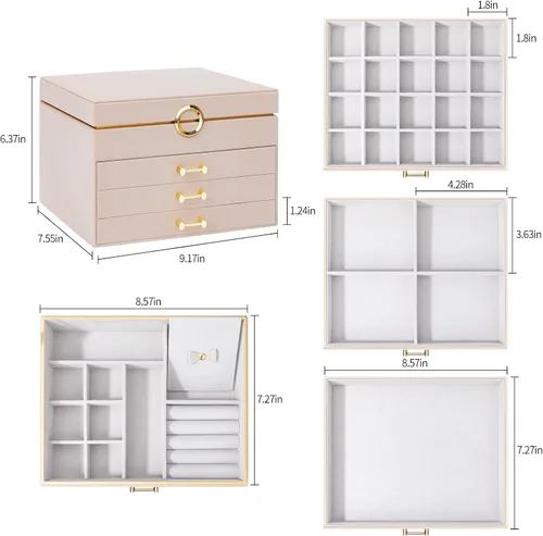 Miniatura 6 de V-LAFUYLIFE Jewelry Box Organizer for Women Girls, 4-Layer Large Jewelry boxes with 3 Drawers Jewelry Storage Case for Earrings Bracelets Necklaces