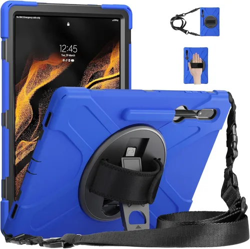 Miniatura 9 de Funda a prueba de golpes para Galaxy Tab S8 Ultra de 14.6 pulgadas 2022, funda resistente con cinturón de mano giratorio de 360°, correa de hombro