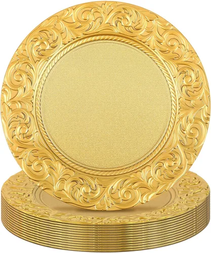 Miniatura 14 de Uiifan 24 Piezas Platos Base Antiguos a Granel 13'' Platos de Plástico en Relieve para Cena Platos Base Redondos Florales para Boda Cargadores Dorado