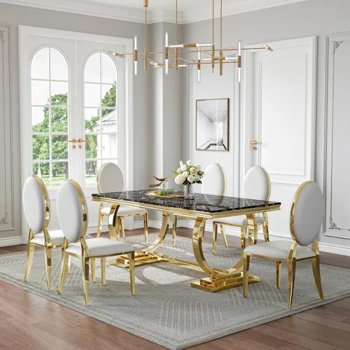 Miniatura 43 de Juego de mesa de comedor de mármol de 70 pulgadas para 6, mesa de cocina grande y sillas de cuero negro, mesas de comedor modernas negras y doradas