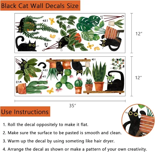 Miniatura 2 de Yovkky Calcomanías de pared de plantas en maceta de gatos negros, caricaturas, gatito, bonsái, guardería, sala de juegos, decoración de cactus