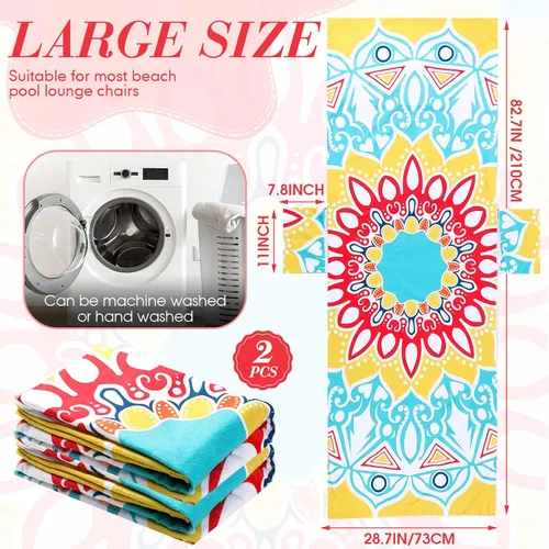 Miniatura 2 de Oudain Juego de 2 fundas de toalla para silla de descanso con bolsillo lateral, diseño de mandala bohemio de microfibra antideslizante para silla