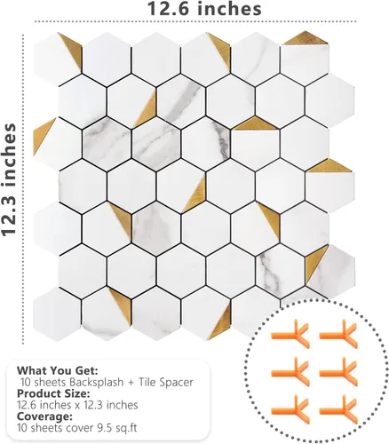 Miniatura 4 de STICKGOO Salpicaduras para pegar y pelar para la cocina, azulejos autoadhesivos hexagonales de mosaico (10 hojas, mármol blanco con metal dorado)