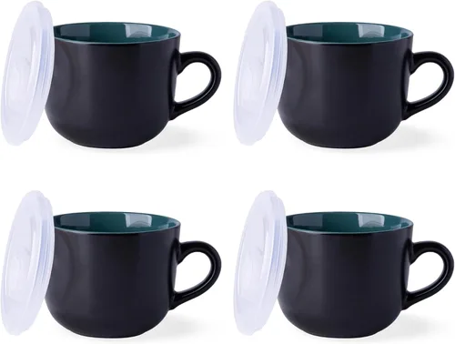 Miniatura 9 de GBhome Cuencos de sopa de 22 onzas con asas y tapas grandes, juego de 4 cuencos de cerámica con cuchara para sopa, cereales, estofado, coloridos