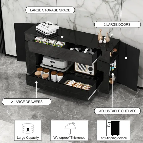 Miniatura 2 de Mueble de TV de alto brillo con 2 cajones grandes y puertas abiertas, moderno mueble de almacenamiento para consola de TV para sala de estar, Negro