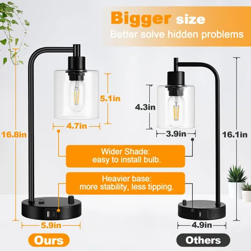 Miniatura 3 de Lámpara de mesa industrial con puertos USB A+C y toma de corriente, lámpara de mesita de noche moderna totalmente regulable, lámpara de escritorio