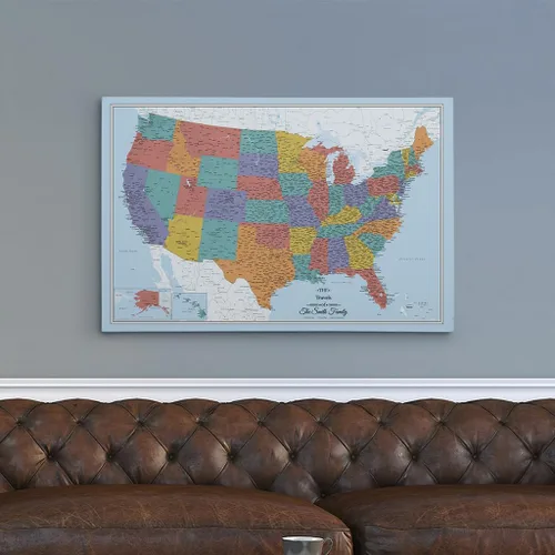 Miniatura 28 de Push Pin Travel Maps Lienzo personalizado Blue Oceans USA con marco gris de madera de granero