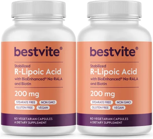 BESTVITE Ácido R-lipoico de 200 mg estabilizado con Na-RLA bio-mejorado (120 cápsulas vegetarianas) (60 x 2) - Sin estearatos - Sin rellenos -