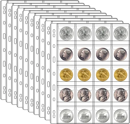 10 hojas de colección de monedas, página de bolsillo para monedas con 200 bolsillos, fundas para carpetas de monedas con 9 agujeros estándar para