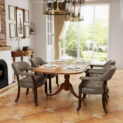 Miniatura 34 de Juego de 8 sillas de cuero de comedor con ruedas y brazos, silla de capitán Accent con ruedas, sillas de madera con ruedas enrollables para cocina