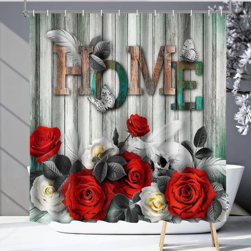Miniatura 10 de Cortina de ducha Lalumix negra floral, cortinas de ducha con flores para baño con 12 ganchos, juegos de cortinas de ducha de tela de poliéster