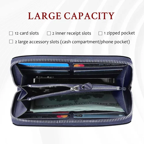 Miniatura 5 de Travelambo Cartera de gran capacidad para mujer, bolso largo plegable para mujer, Carbono azul, Casual