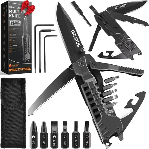 Cuchillo multiuso 17 en 1 con varillas para iniciar fuego, abrebotellas, sierra, destornilladores, silbato, rompeventanas y más - Perfecto para Negro