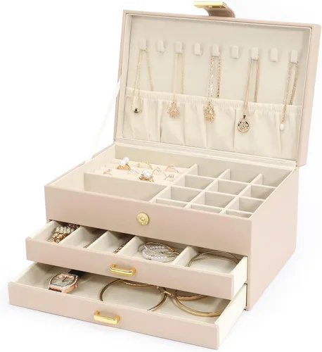 Miniatura 8 de V-LAFUY Organizador de joyas, organizador de joyas medio y almacenamiento, caja de joyería de 3 niveles con 2 cajones, cajas de joyería