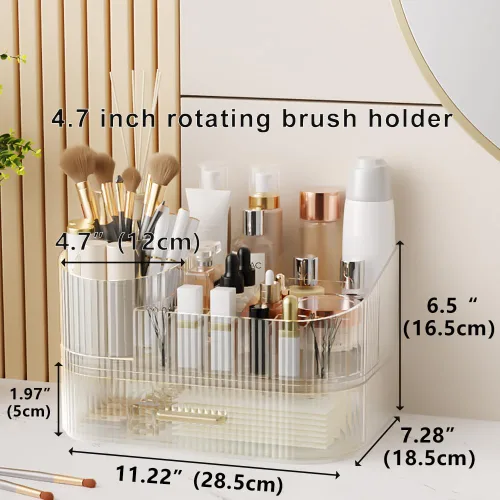 Miniatura 2 de Organizador de maquillaje giratorio de 360° con cajón, exhibición de almacenamiento de cosméticos de acrílico transparente, contador de belleza