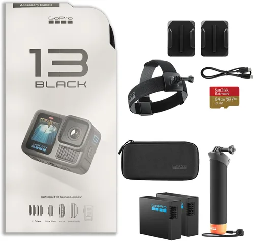 GoPro Hero13 Black - Cámara de acción impermeable negra de 27 MP - Paquete de accesorios especiales | Video Ultra HD 5.3K60 con empuñadura, 2
