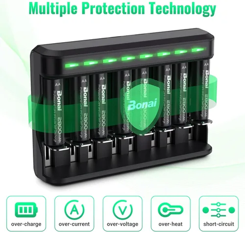 Miniatura 7 de BONAI Baterías recargables AA 2800mAh 8pack con cargador inteligente para AA AAA C D NiMH batería