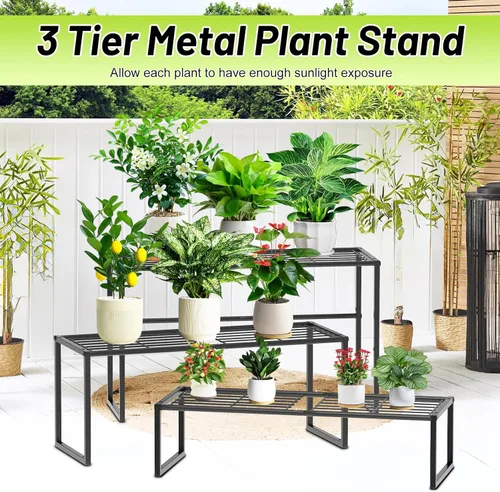 Miniatura 5 de Soporte de metal para plantas para interiores y exteriores, 3 niveles en maceta, estante para plantas, estante de exhibición de macetas resistente 3