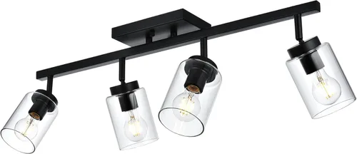 Lámpara de tocador de 4 luces con pantalla de vidrio transparente, multidireccional, giratoria, de metal, con cabezales de riel ajustables