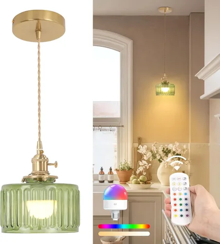 Miniatura 50 de Shenmoyl Lámpara colgante con pantalla de vidrio transparente a rayas, luz colgante vintage de latón, luz colgante ajustable para cocina, isla