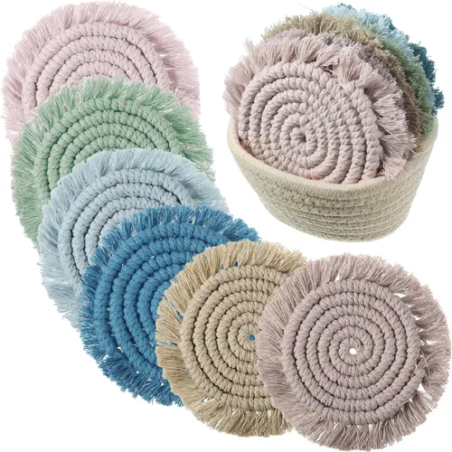 Miniatura 14 de Juego de 6 posavasos de algodón tejido bohemio absorbente con soporte para casa de campo, borla de macramé, regalo de inauguración de la casa