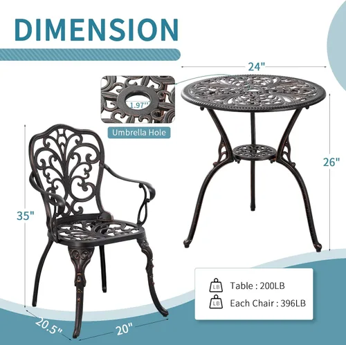 Miniatura 6 de Juego de mesa de bistró de 3 piezas de aluminio fundido para exteriores, mesa y sillas para exteriores para todo tipo de clima con agujero