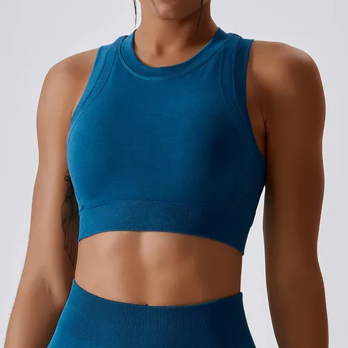 Miniatura 88 de Conjuntos de entrenamiento para mujer, 2 piezas, sin costuras, acanalada, sin mangas, brasier deportivo, cintura alta, pantalones cortos